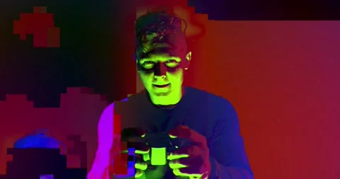 Cyber Glitch Background with a Young Man Playing on a Game Console. Stock Footage 150834028