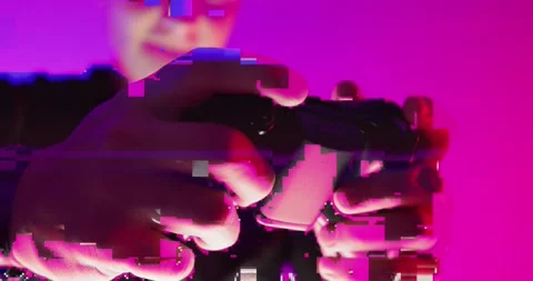 Cyber Glitch Background with a Young Man Playing on a Game Console. Stock Footage 150834855