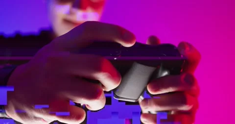 Cyber Glitch Background with a Young Man Playing on a Game Console. Stock Footage 150834888