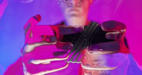 Cyber Glitch Background with a Young Man Playing on a Game Console. Stock Footage 150835063