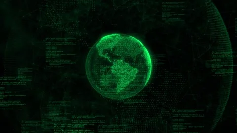 Cyber green world data visual with glowing earth sphere, code panels, connected Stock Footage 340554108