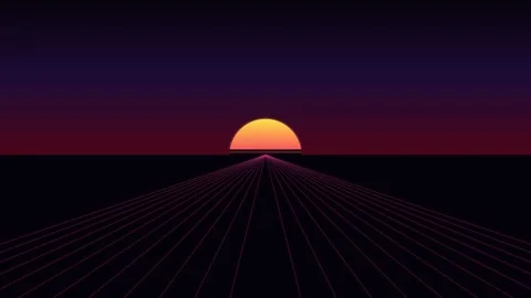 Cyber Grid Horizon Neon Sunset Loop with retro synthwave 3D perspective Stock Footage 345704445