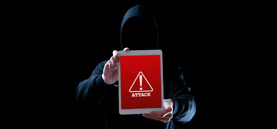 Cyber hacker attack tablet. Internet web hack technology. Digital mobile phon Stock Photos