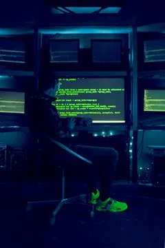 Cyber hacker breaks into databases to obtain information using a computer. Stock Photos