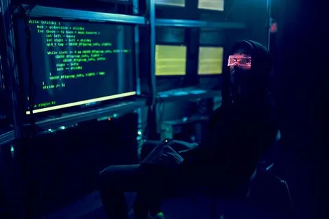 Cyber hacker breaks into databases to obtain information using a computer. 스톡 사진