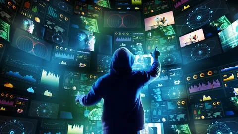 Cyber hacker controlling interactive data streams on massive curved digital Stock Photos