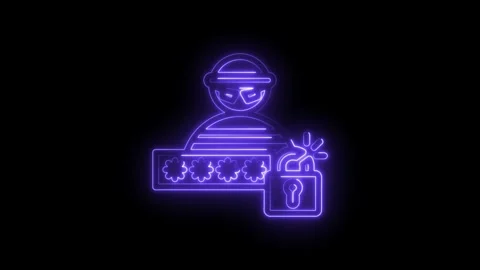 Cyber hacker icon with password input and unlocked padlock glowing neon purple Stock Footage 333970410