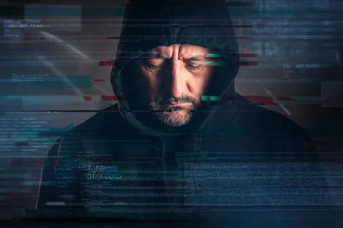Cyber hacker portrait with glitch effect and 404 Not Found code overlay 스톡 사진