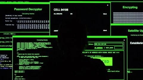 Cyber hacker sits and examines data. Stockbeeldmateriaal 76196033