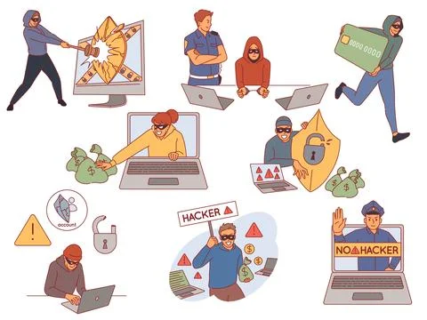 Cyber hackers scenes. Hacking system and protection, data, information and money Illustrazione stock