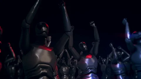 Cyber Humanoid Robots Comes Together And Dances In Techno Party V2 4k Stock Footage 145658283