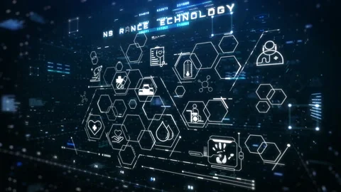 Cyber Insurance Interface with Glowing Digital Icons on Futuristic HUD Dashboard Stock Footage 317929532