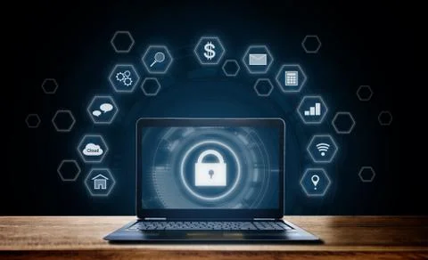 Cyber internet security system. Lock icon technology on computer laptop screen Stock Photos