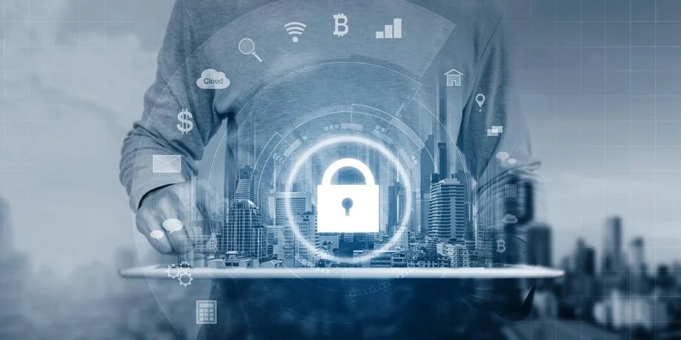 Cyber internet security system technology. Businessman using digital tablet Stock Photos