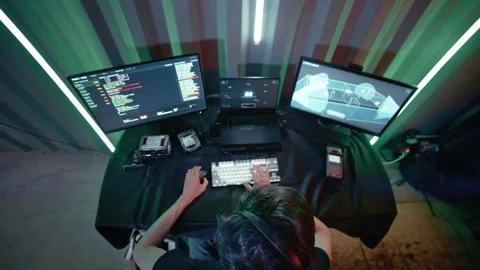Cyber Intruder Bypassing Security Feeds Inside a Mobile Operations Unit Video stock 341662130