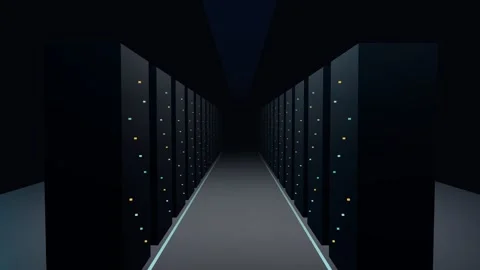 Cyber Isometric Data Center Server Hallway Drift with pulsating neon sta 4K Loop Stock Footage 345961248