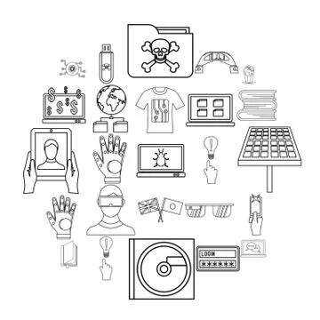 Cyber learning icons set, outline style 스톡 일러스트