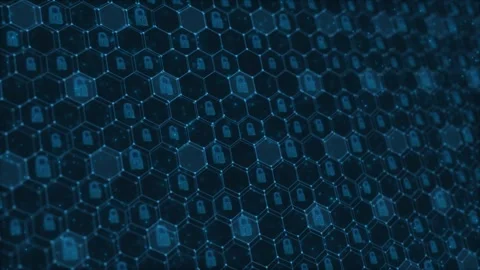 Cyber lock hex grid visual with blue secure pattern, padlock symbols, particle d Stock Footage 340553021