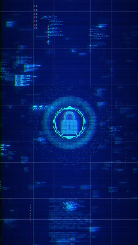 Cyber lock security interface background blue padlock icon, scanning circles, co Stock Footage 340556975