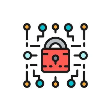 Cyber lock, web security, cryptography flat color line icon. Stock Illustration