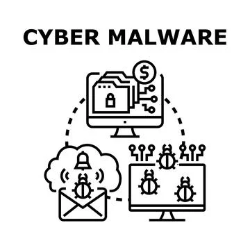 Cyber malware infecting computer network and data security Stock Illustration