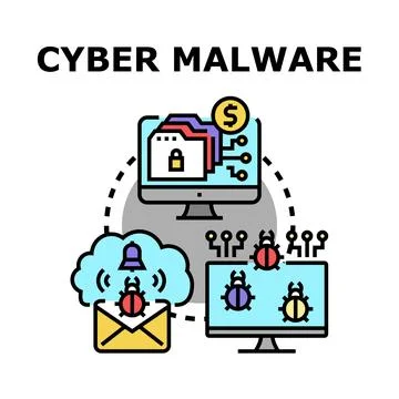 Cyber malware infecting computer network and data security Stock Illustration