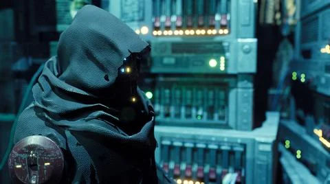 A cyber man in a cassock is working on a computer in his high-tech laboratory Stock Illustration