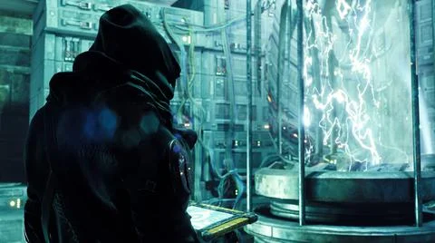 A cyber man in a cassock is working on a computer in his high-tech laboratory Stock Illustration