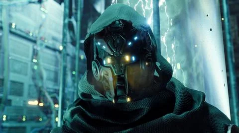 A cyber man in a cassock is working on a computer in his high-tech laboratory Stock Illustration