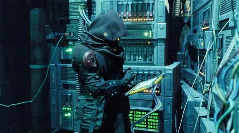 A cyber man in a cassock is working on a computer in his high-tech laboratory Stock Illustration