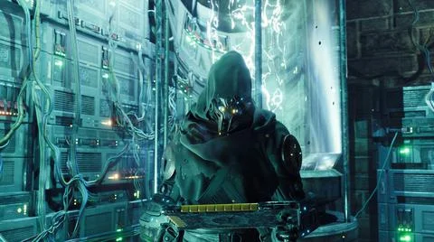 A cyber man in a cassock is working on a computer in his high-tech laboratory Stock Illustration