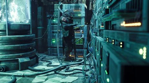 A cyber man in a cassock is working on a computer in his high-tech laboratory Stock Illustration