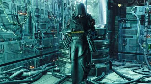 A cyber man in a cassock is working on a computer in his high-tech laboratory Stock Illustration