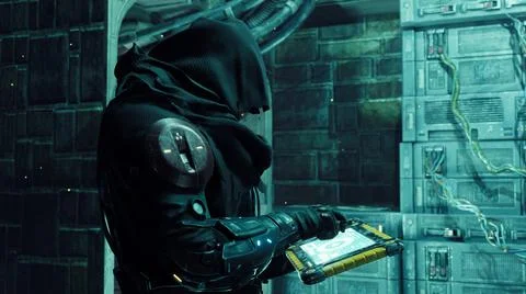 A cyber man in a cassock is working on a computer in his high-tech laboratory Stock Illustration