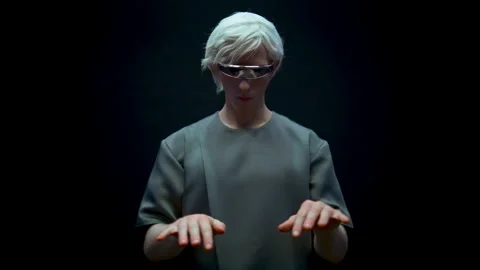 Cyber man working augmented reality in vr glasses closeup. Futuristic guy typing Stock Footage 211802296