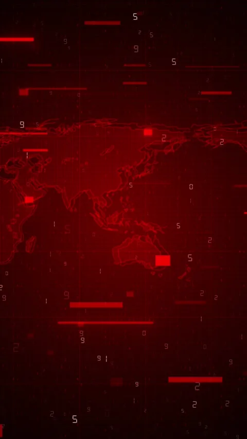 Cyber map world outlines, coded numbers, digital grid, alert style motion. globa Stock Footage 340471338