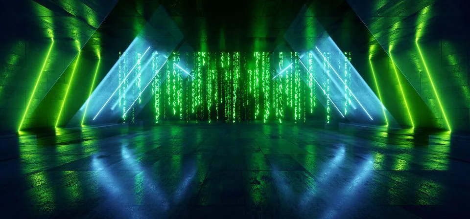 Cyber Matrix Code Neon Futuristic Sci Fi Tunnel Underground Garage Concrete.. Stockillustratie