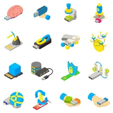 Cyber memory icons set, isometric style Stock Illustration