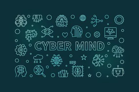 Cyber Mind concept line colored banner - Artificial Intelligence vector hor.. Stock Illustration