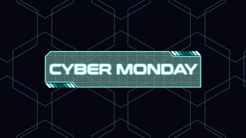 Cyber Monday on computer screen with HUD elements and grid Stock Footage 254799939