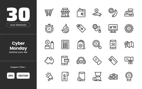 Cyber Monday Icon Set Collection - Outline Line Art Style. Containing Troll.. Stock-Illustration