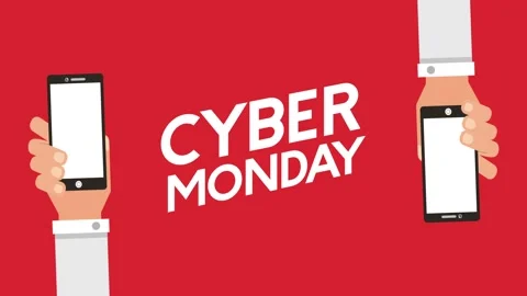 Cyber monday motion graphic with hands holding smartphones on a vibrant red.. Vídeos de archivo 333290267