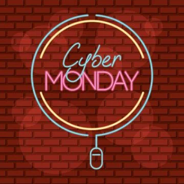 Cyber monday neon circular label with mouse Illustrazione stock