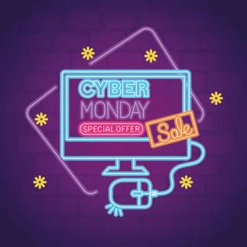 Cyber monday neon in computer with mouse vector design Illustrazione stock