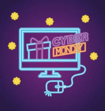Cyber monday neon with gift in computer vector design Stock-Illustration
