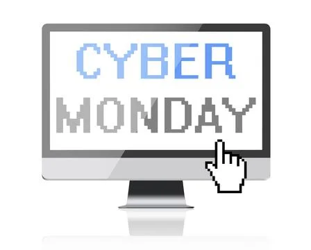 Cyber Monday, pixel text on computer screen, isolated on white background Illustrazione stock