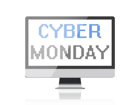 Cyber Monday, pixel text on computer screen, isolated on white background Ilustración de archivo