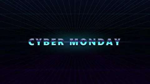 Cyber monday retro synthwave text animation 80s neon grid background, for d.. Vidéo 344862981
