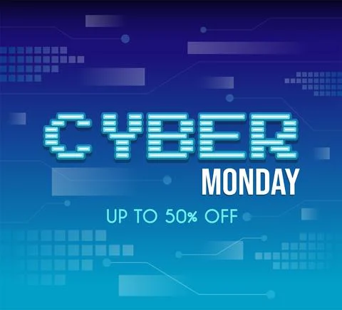 Cyber Monday tech vector poster design with text. Seasonal sale, up to 50 Stock Illustration