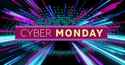 Cyber Monday text image over colorful neon light rays on black background Stock-Illustration